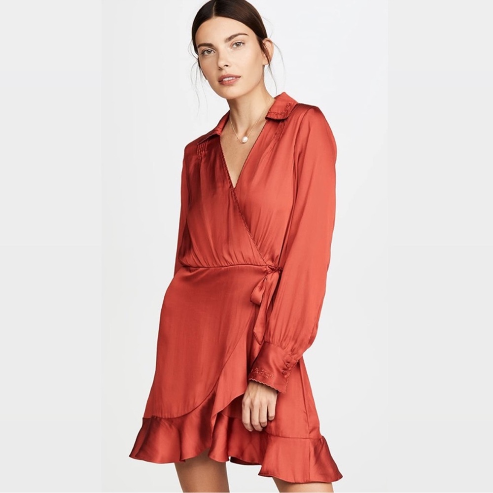 PAIGE Parisa Red Satin Ruffled Scalloped Cross-Front Wrap Dress Size Small - Picture 1 of 10